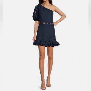 New Fanm Mon Flame Navy Blue One-Shoulder Dress with Floral Embroidery Size XL